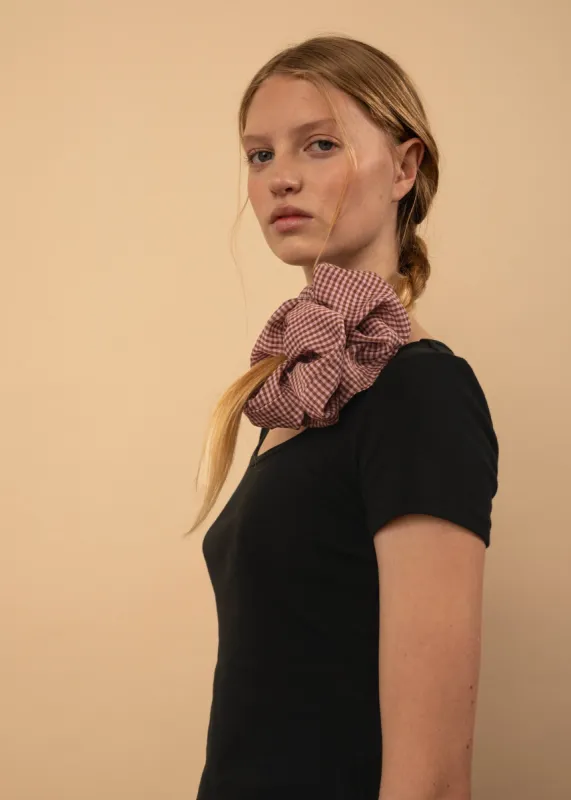 Silk Cotton Scrunchie (Pink Brown Gingham) sold by Penny Sage