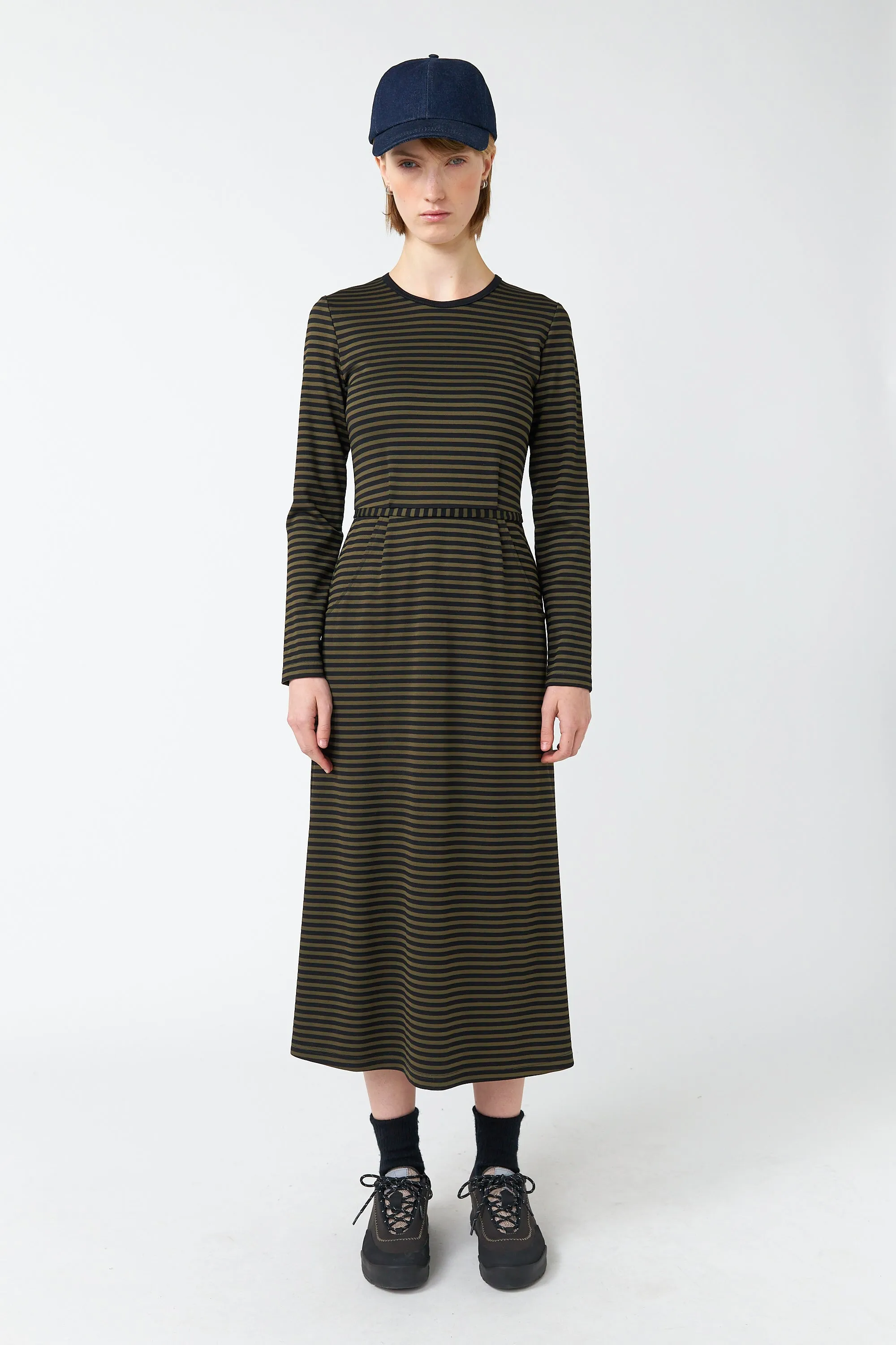 Olive stripe dress sold by Kate Sylvester