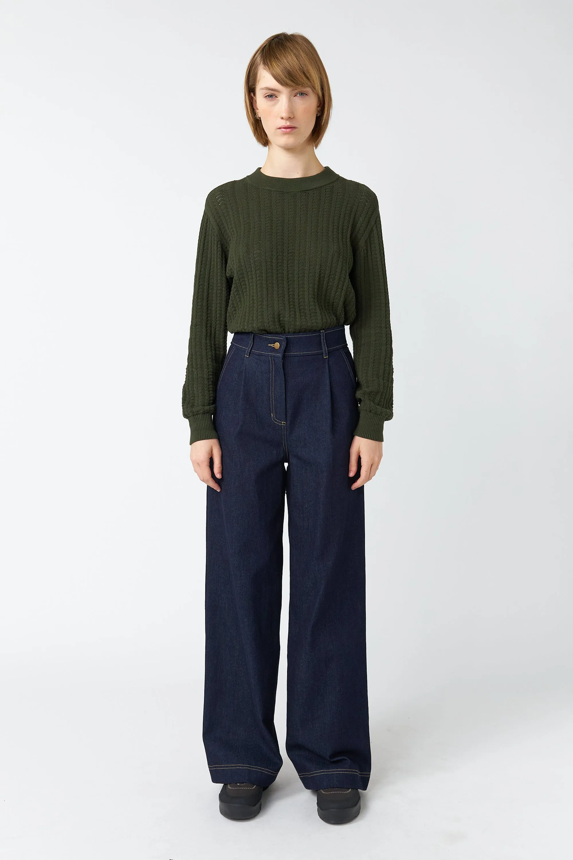 Denim pleat trouser sold by Kate Sylvester