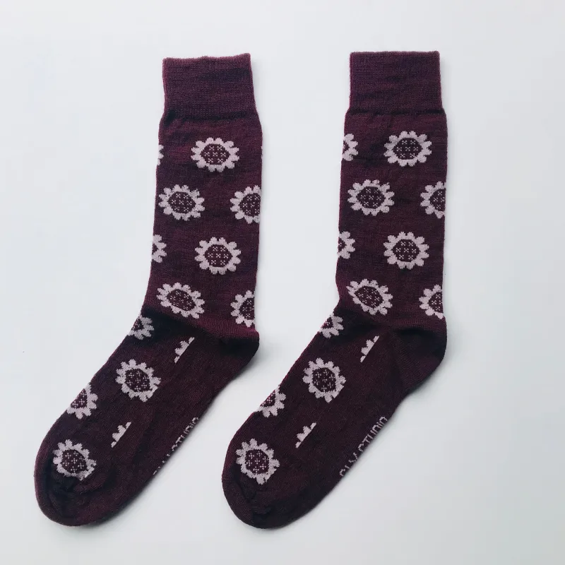 Merino Socks Floral Maroon made by Sly Studio