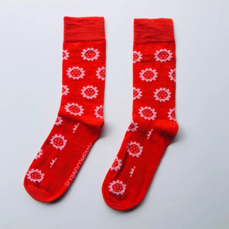 Merino Socks Floral Orange made by Sly Studio