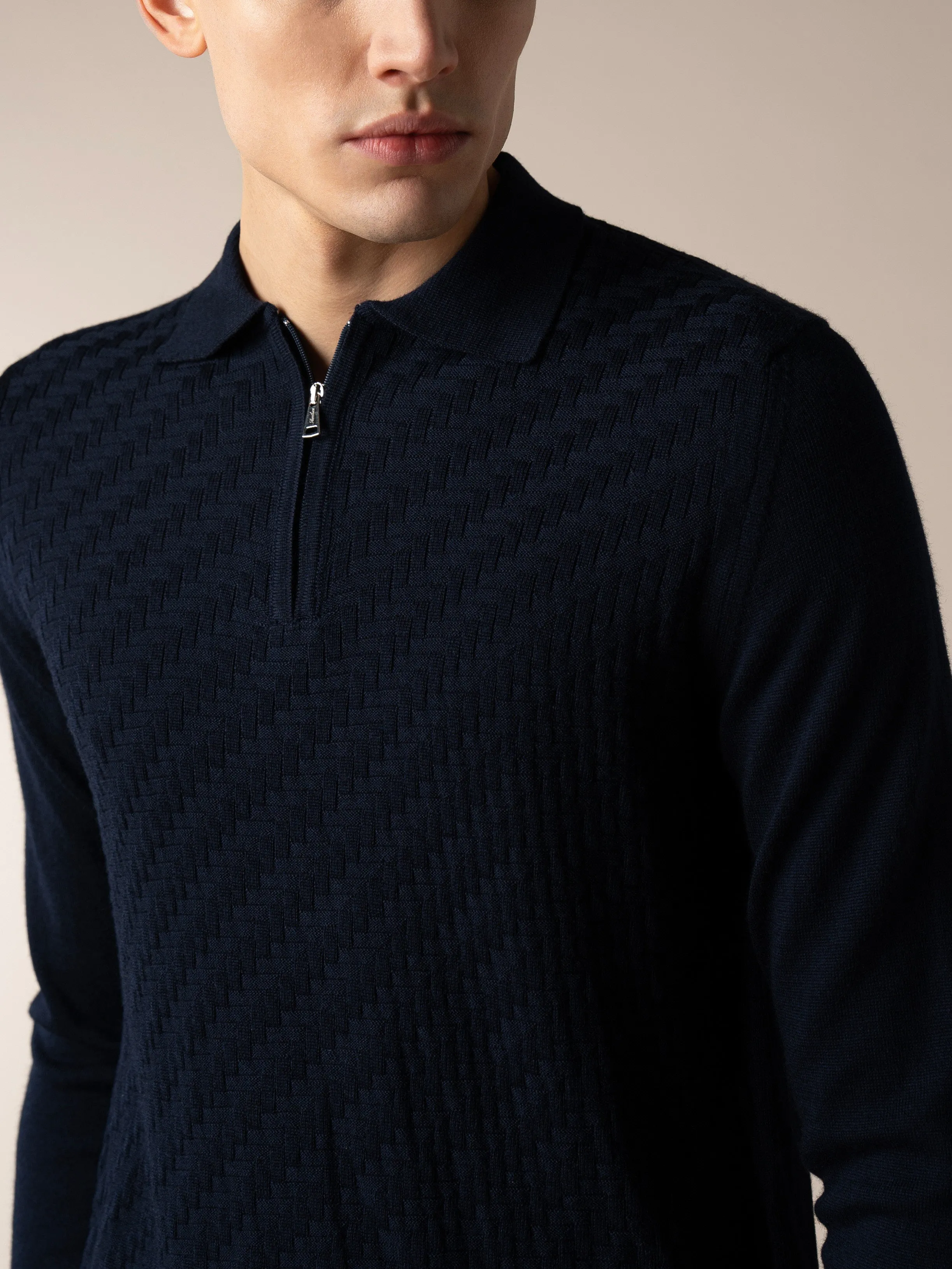 Navy Zipper Polo Basket Weave sold by Aurelien product image thumbnail 4