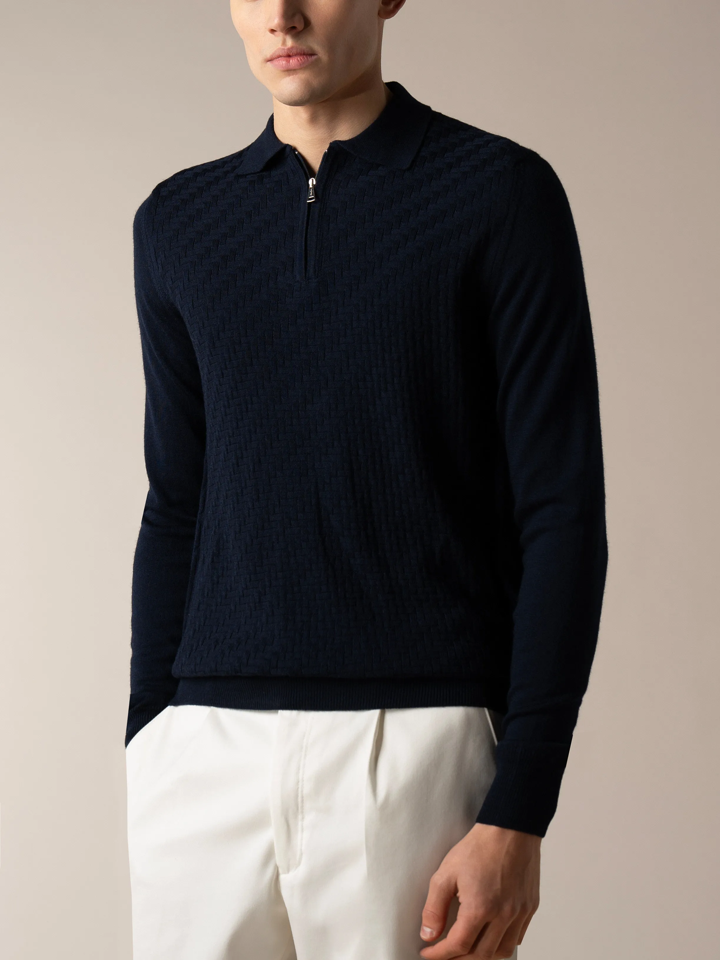 Navy Zipper Polo Basket Weave sold by Aurelien product image thumbnail 2