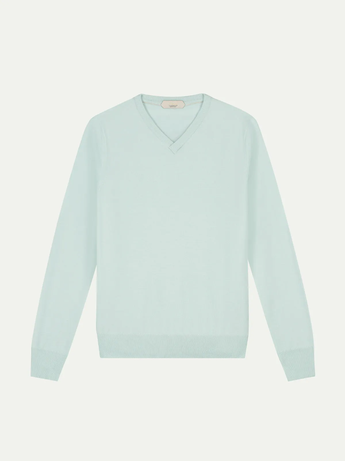 Extrafine Merino V-Neck Light Aqua sold by Aurelien