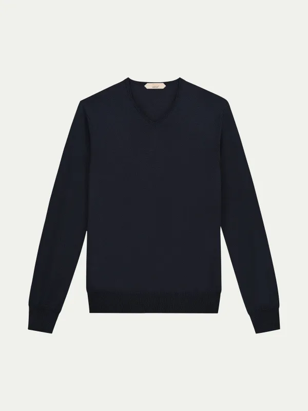 Extrafine Merino V-Neck Navy made by Aurelien