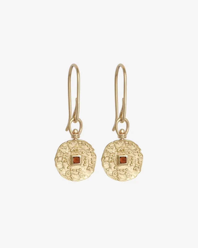 Atlantis Coin Earrings Garnet Solid Gold sold by Temple of the Sun