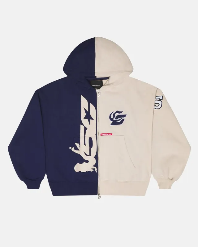 OUTLAW MOOD ZIP HOODIE IVORY GREY & DARK BLUE sold by Cold Culture