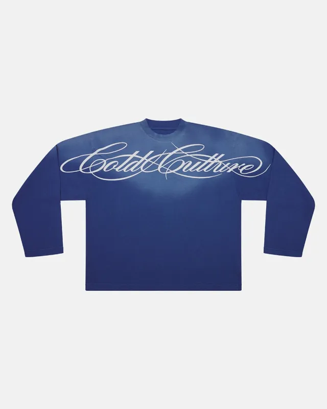 CROSSED SCRIPT LONGSLEEVE VIBRANT BLUE made by Cold Culture