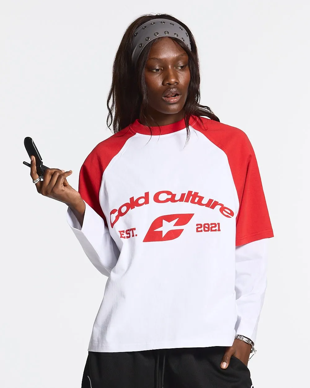 BASEBALL DOUBLE SLEEVE TEE WHITE/RED sold by Cold Culture product image thumbnail 5
