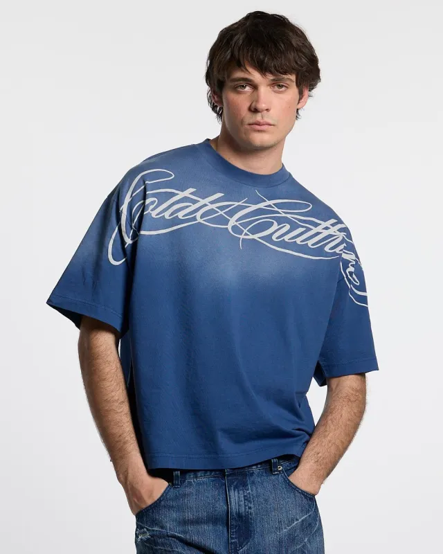 CROSSED SCRIPT TEE BLUE made by Cold Culture