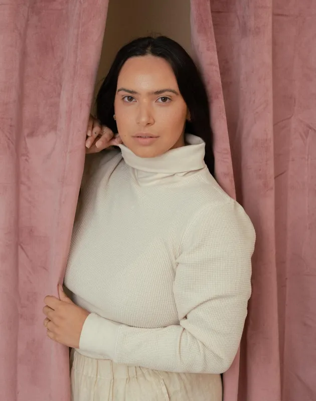 Noble Adult Organic Waffle Turtleneck in Oat Milk sold by Noble