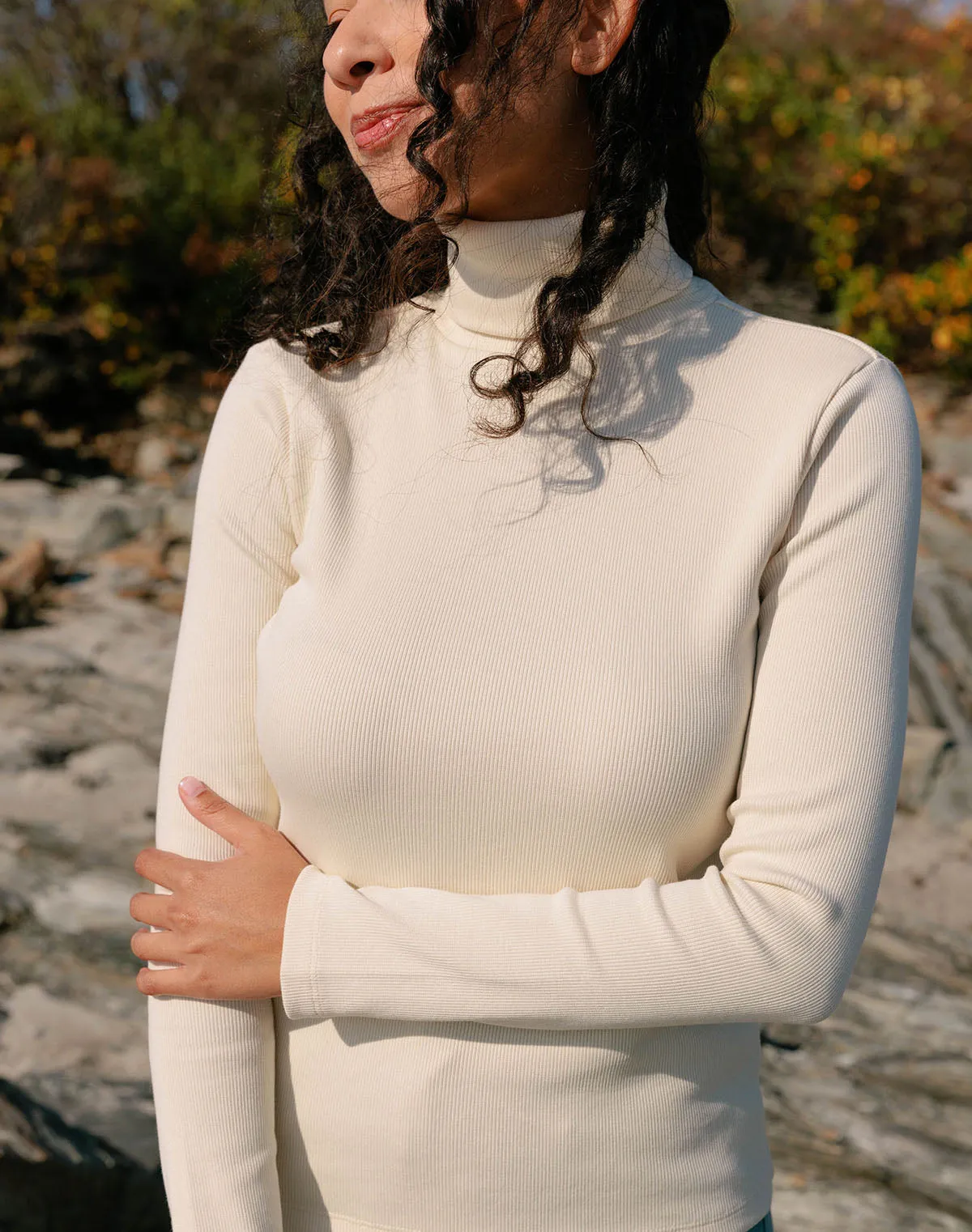 Rib Turtleneck in Oat Milk sold by Noble
