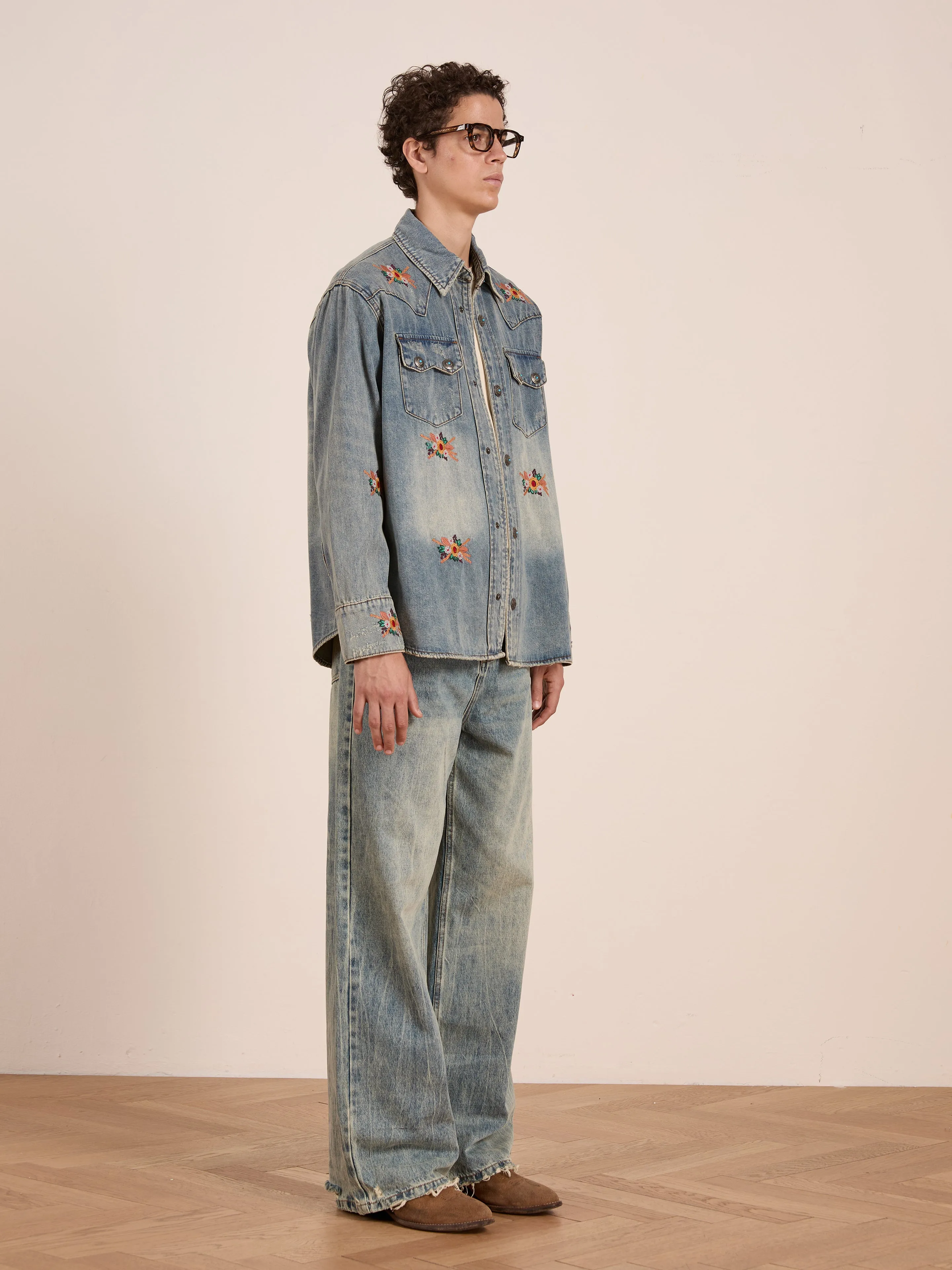 Bouquet Floral Embroidered Western Denim Shirt sold by Found product image thumbnail 3