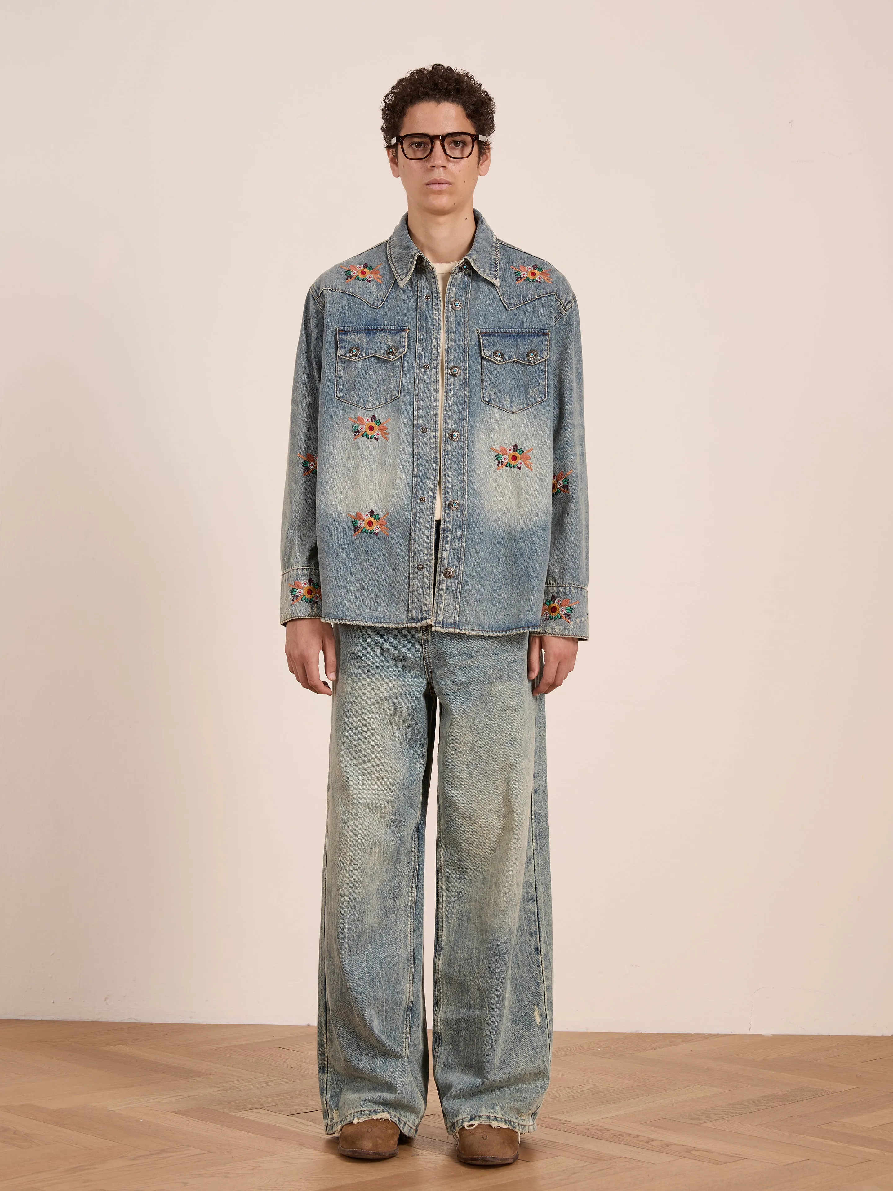 Bouquet Floral Embroidered Western Denim Shirt sold by Found product image thumbnail 2