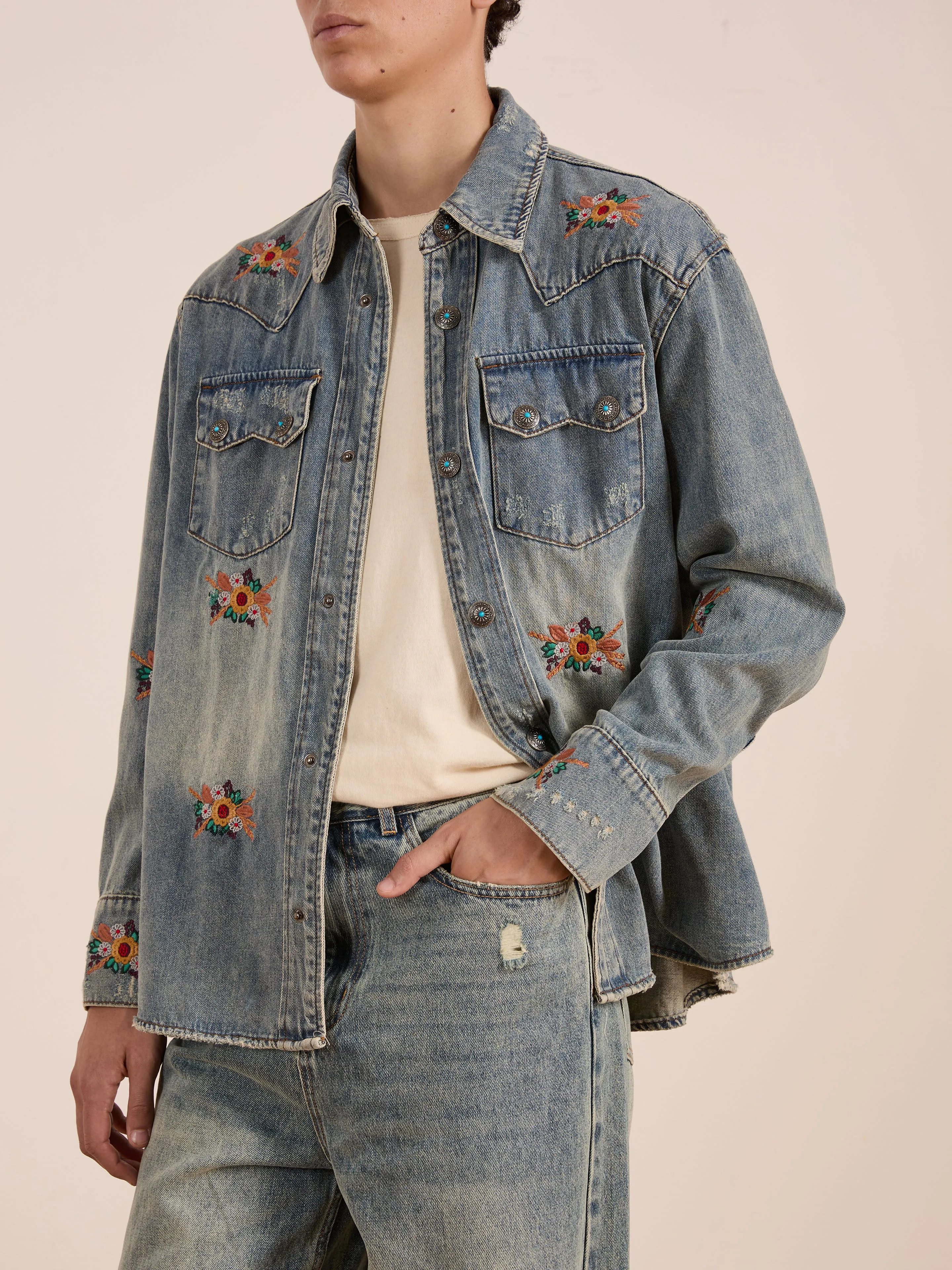 Bouquet Floral Embroidered Western Denim Shirt sold by Found product image thumbnail 4