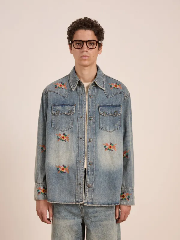 Bouquet Floral Embroidered Western Denim Shirt sold by Found