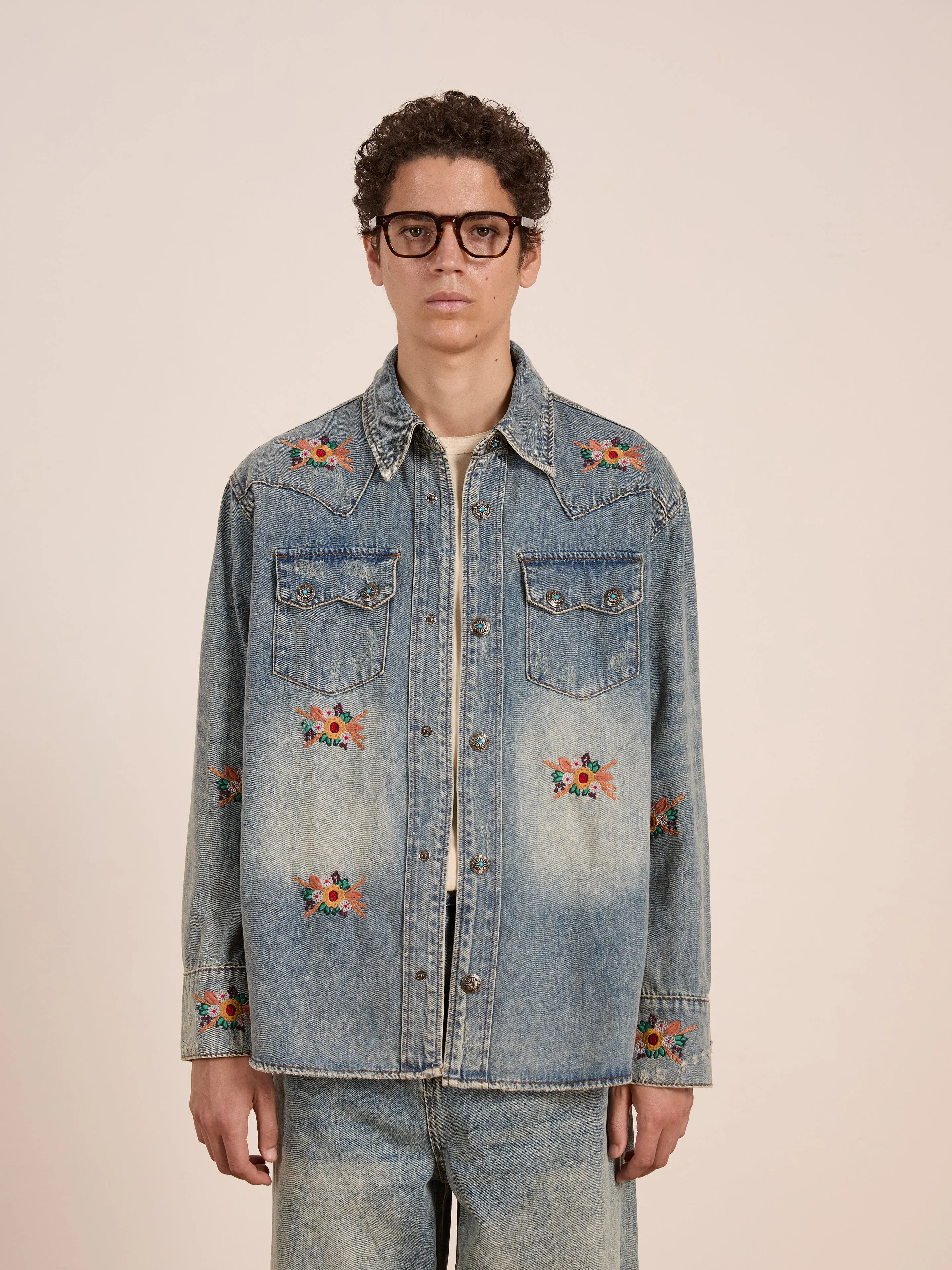 Bouquet Floral Embroidered Western Denim Shirt sold by Found