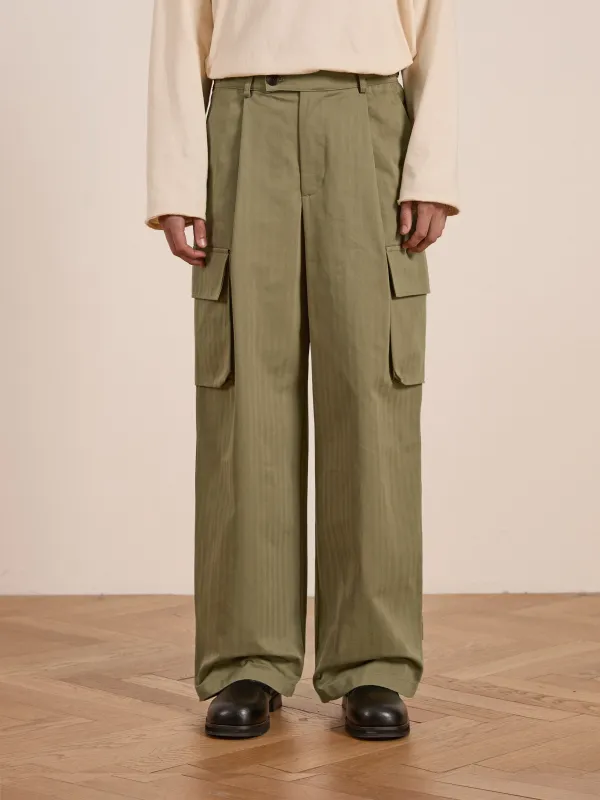 Hava Herringbone Pleated Cargo Trousers sold by Found