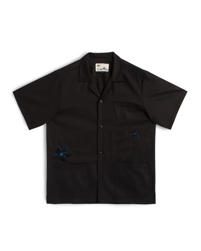Black Embroidered Lily Camp Shirt sold by Bather