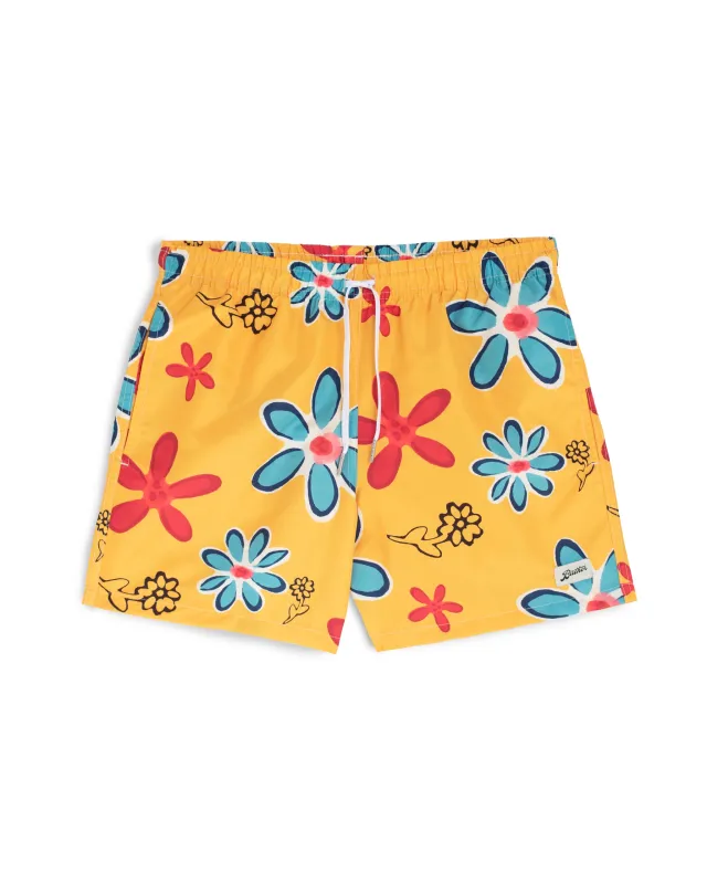 Gold Perennial Floral Print Swim Trunk made by Bather
