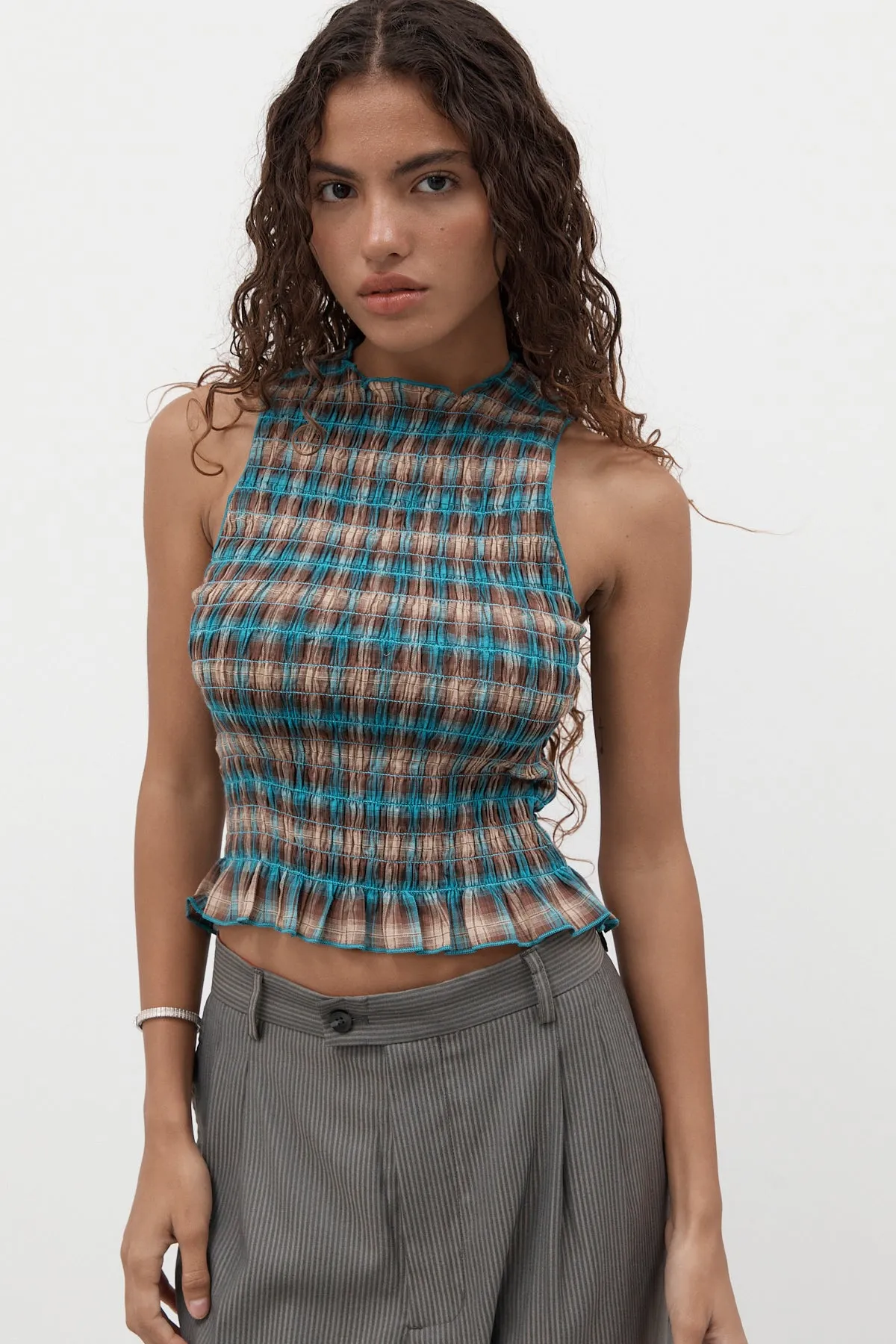 Butterfly Plaid Ruched Tank sold by Apres Studio