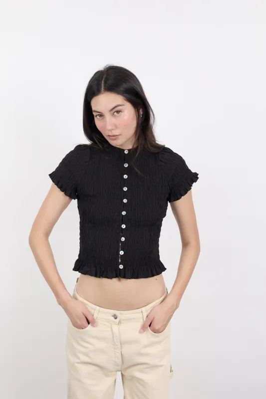 Black Ruched Button Tee made by Apres Studio