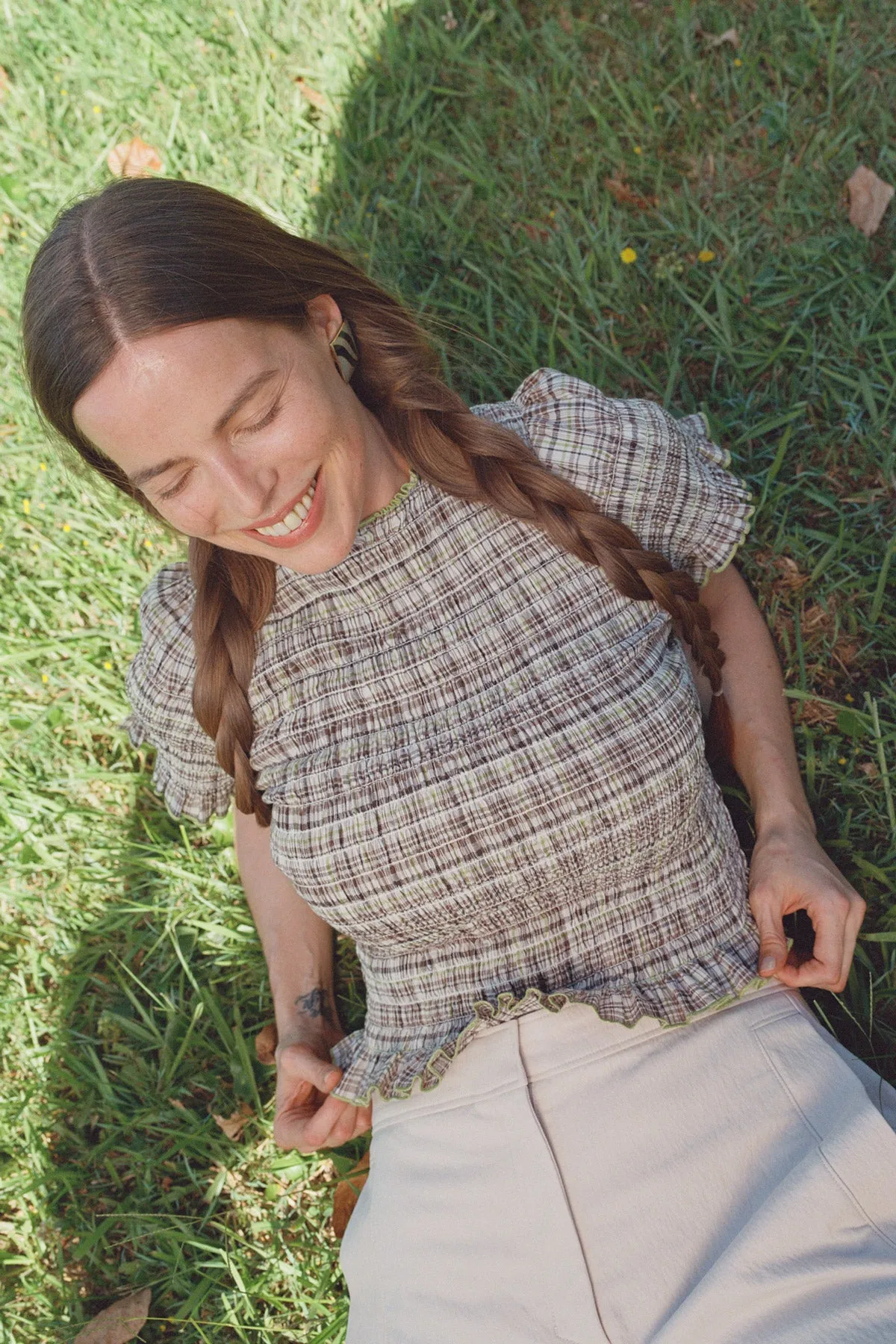 Honeydew Plaid Ruched Tee sold by Apres Studio