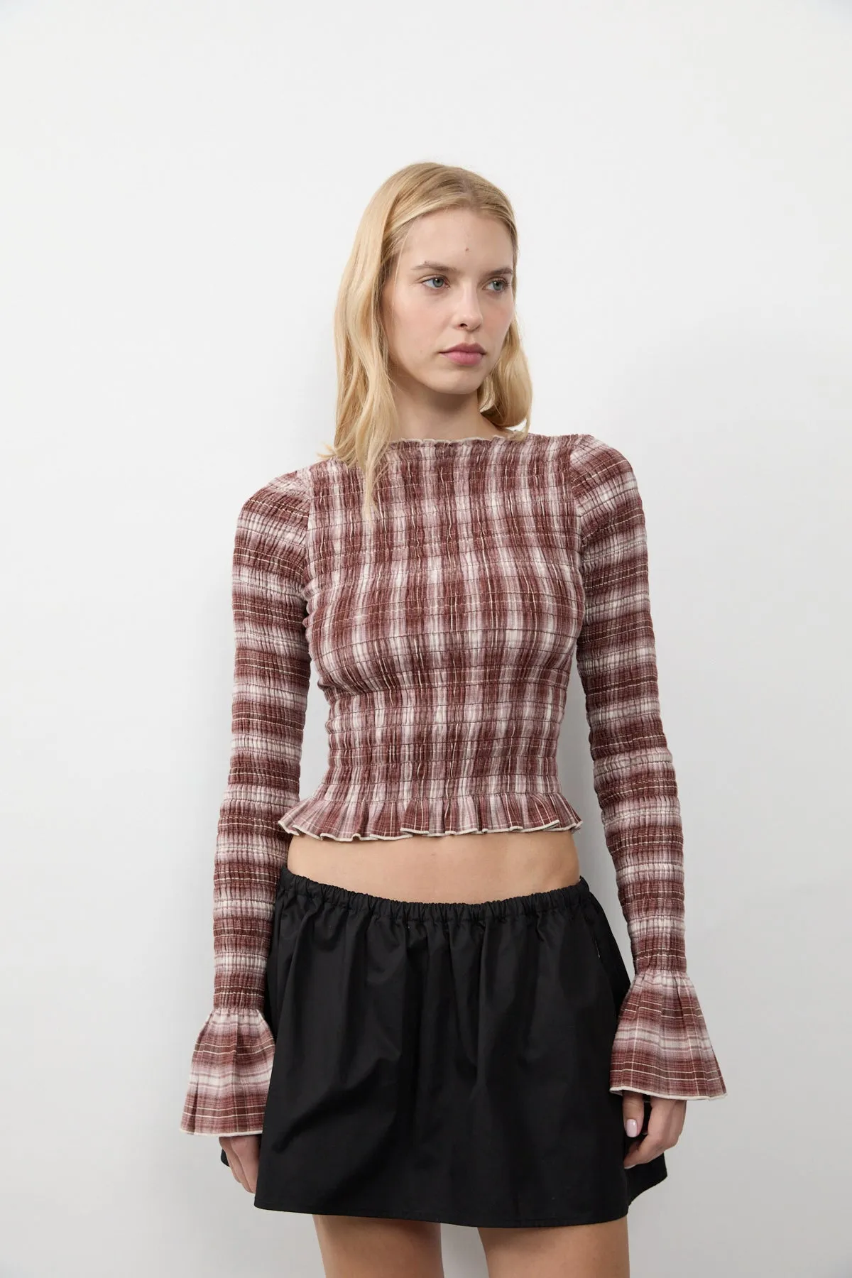 Cacao Plaid Ruched Longsleeve sold by Apres Studio