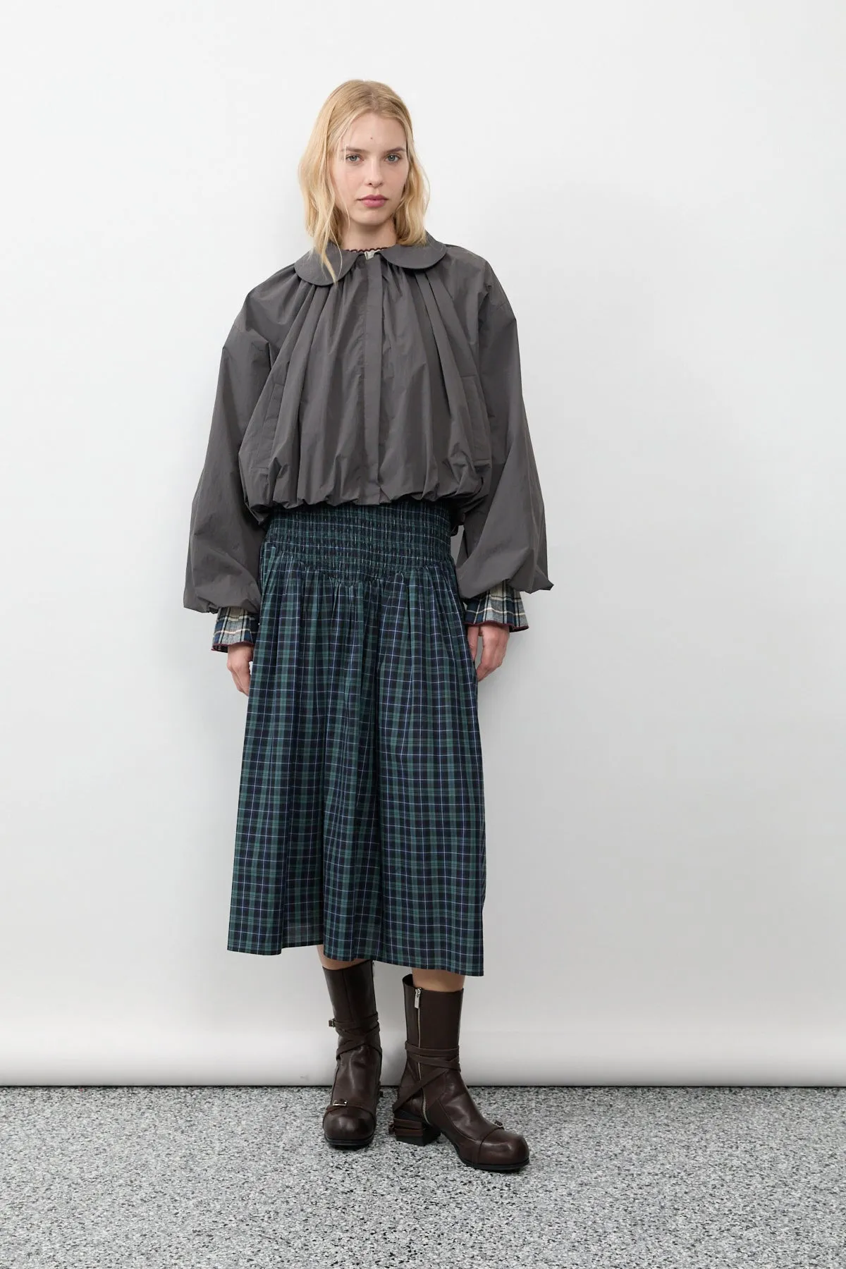 Navy Plaid Ruched Midi Skirt sold by Apres Studio product image thumbnail 4