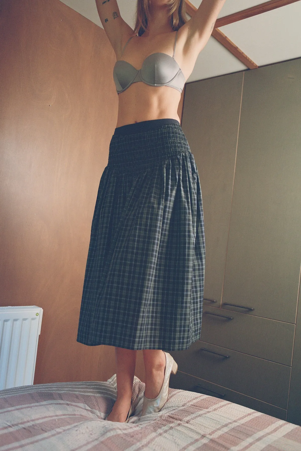 Navy Plaid Ruched Midi Skirt sold by Apres Studio product image thumbnail 3