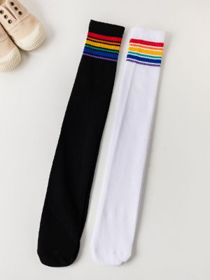2pairs girls' stripe knee-high stockings with black & white colors, suitable for children, students, school uniforms and football matches sold by SHEIN