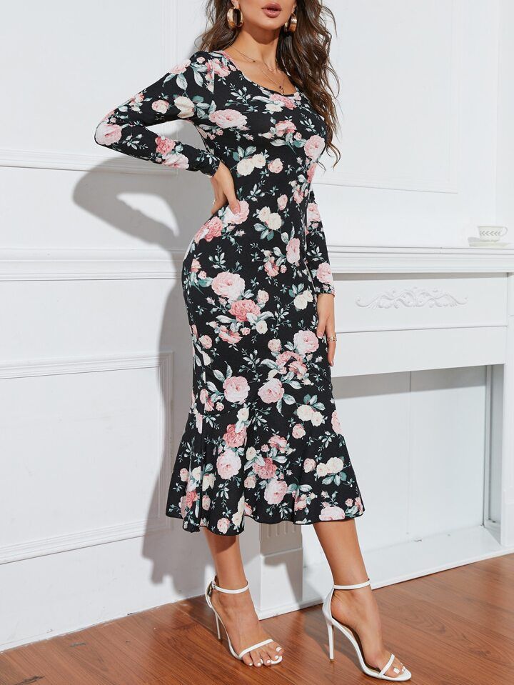 shein sukienki zmarszczone szycie kwiatowy nadruk po całości elegancki sold by SHEIN