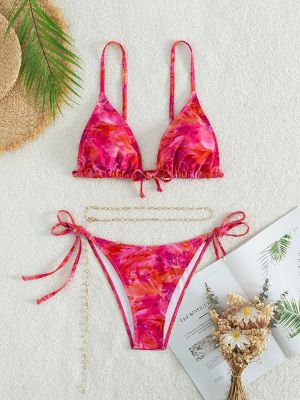 tie dye bikini set triangle knot front bra & tie side bottom & chain 3 piece bathing suit sold by SHEIN