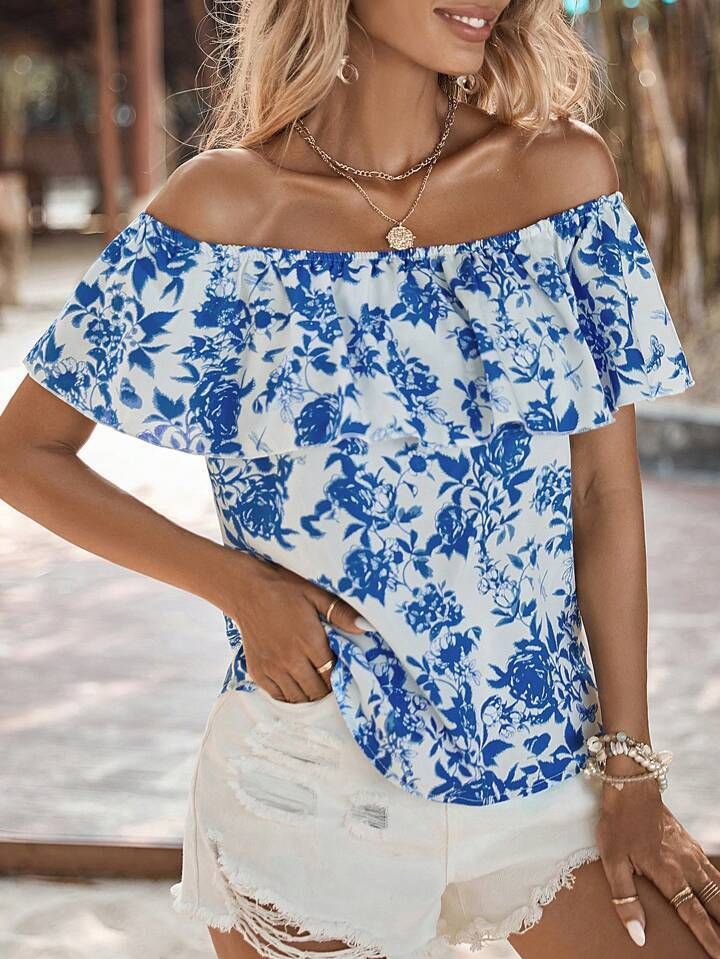 shein vcay blusa con estampado floral de hombros descubiertos ribete con fruncido sold by SHEIN