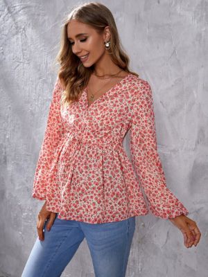 shein maternity ditsy floral drawstring waist overlap collar lantern sleeve blouse made by SHEIN