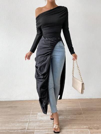 SHEIN Privé Asymmetrical Neck Ruched Split Thigh Longline Blouse sold by SHEIN