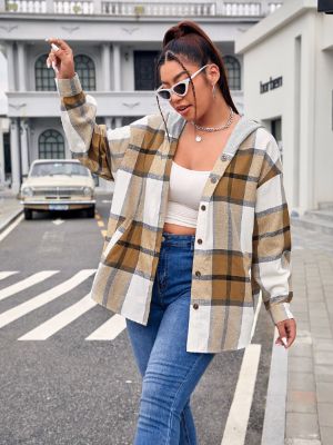 shein ezwear plus plaid print drop shoulder hooded coat sold by SHEIN