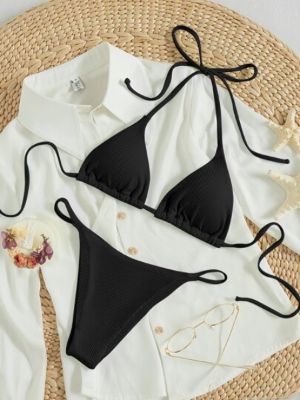 Ribbed Bikini Set Tie Back Halter Triangle Bra & Thong 2 Piece Bathing Suit sold by SHEIN