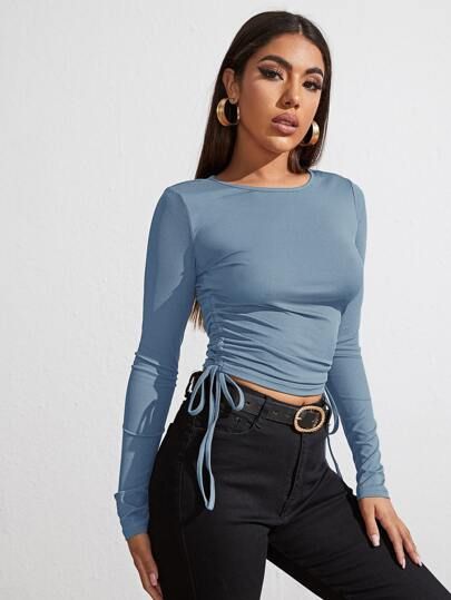 Drawstring Ruched Slim Tee sold by SHEIN
