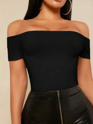 SHEIN SXY Off Shoulder Solid  Women Outfit Black Bodysuit made by TEMU