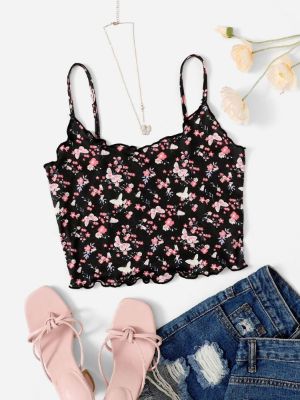 shein qutie butterfly & floral print lettuce trim cami top sold by SHEIN