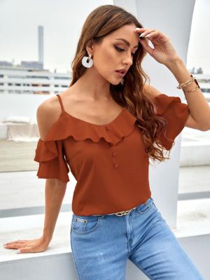 SHEIN LUNE Ruffle Trim Cold Shoulder Blouse sold by SHEIN