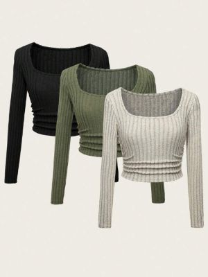 SHEIN Essnce 3pcs Solid Ruched Side Ribbed Knit Crop Tee sold by SHEIN