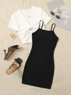 SHEIN EZwear Lettuce Trim Knot Front Tee & Cami Dress sold by SHEIN