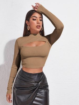 SHEIN Essnce Mock Neck Cut-out Rib-knit Slim Crop Tee sold by SHEIN