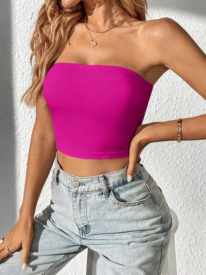 SHEIN Tall Ladies' Solid Color Crop Top With Strapless Design sold by SHEIN