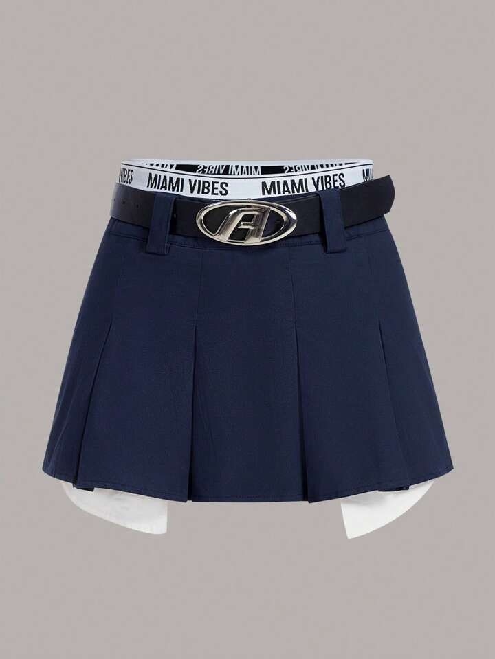 SHEIN Coolane Letter Tape Waist Pleated Skirt sold by SHEIN