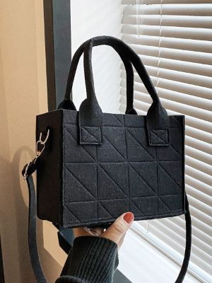 Stitch Detail Double Handle Square Bag Argyle Felt Tote Bag Solid Color Crossbody Bag Top Handle Satchel Purse for Women