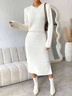 SHEIN Unity Jednolity Dzianina prążkowana Swetry & Rozcięcie na udzie Spódnica z dzianiny sold by SHEIN