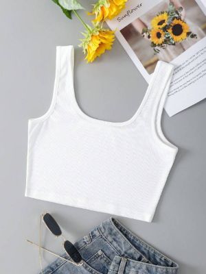 solid scoop neck crop wide strap top sold by SHEIN